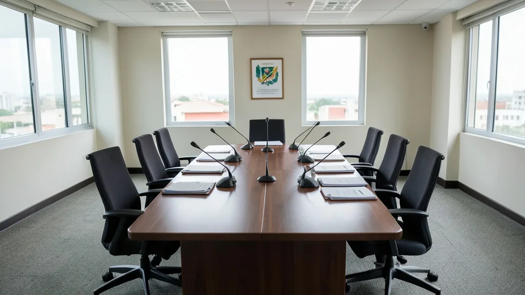 Imagem gerada por IA: Sala de reuniões vazia em um órgão regulador, com cadeiras ao redor de uma longa mesa.