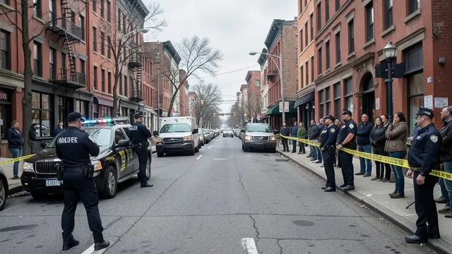 Imagem gerada por IA: Policiais e veículos de emergência em uma rua de Marble Hill, no Bronx.