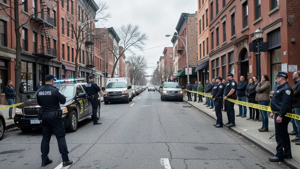 Imagem gerada por IA: Policiais e veículos de emergência em uma rua de Marble Hill, no Bronx.
