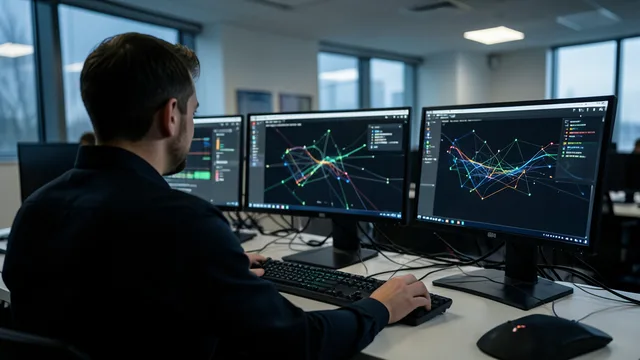 Imagem gerada por IA: Analista monitora atividades de segurança cibernética em telas de computador.