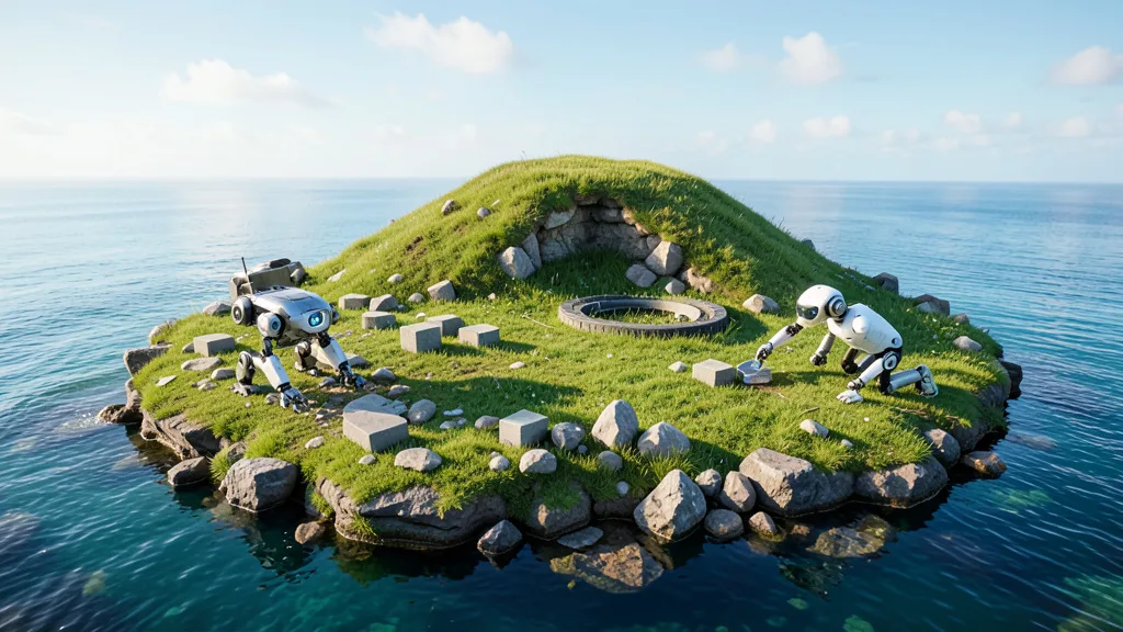 Imagem gerada por IA: Avatares robóticos exploram uma ilha virtual com pedras, blocos e uma colina.