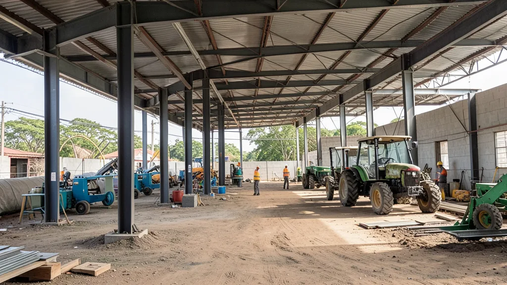 Imagem gerada por IA: Interior de uma fábrica de máquinas agrícolas, com estrutura industrial e equipamentos em montagem.