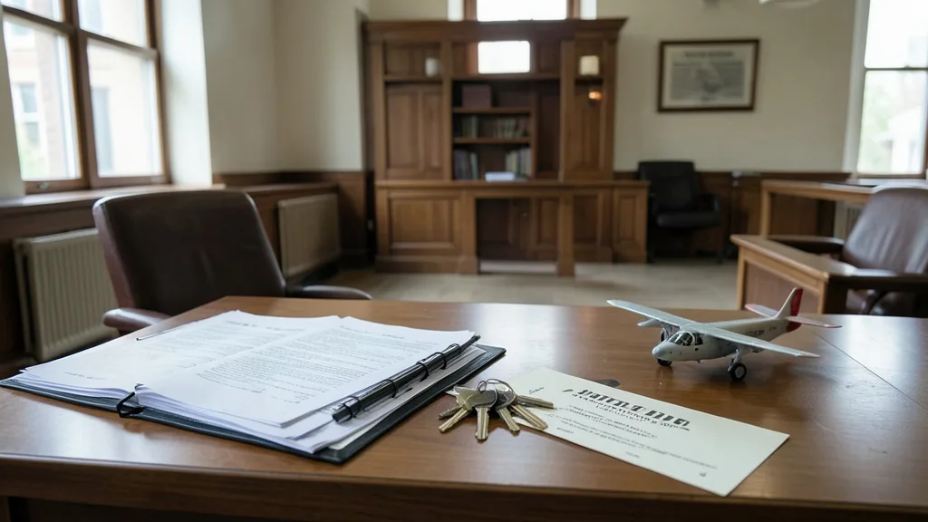 Imagem gerada por IA: Documentos judiciais ao lado de chaves de veículos e representação de bens ligados a ações de confisco.