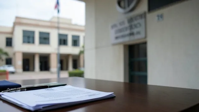 Imagem gerada por IA: Documentos oficiais sobre uma mesa diante de um edifício público brasileiro.
