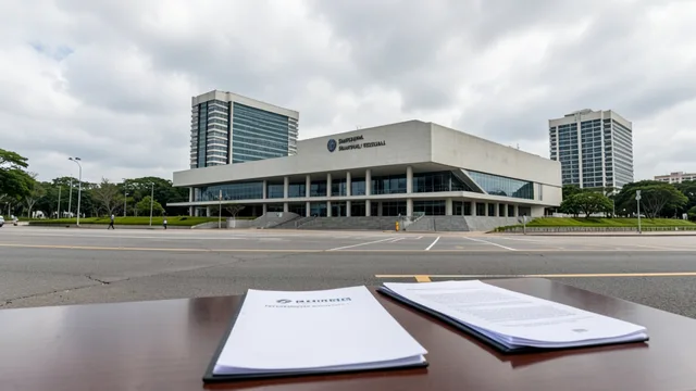 Fachada do Supremo Tribunal Federal em Brasília, com documentos em primeiro plano.