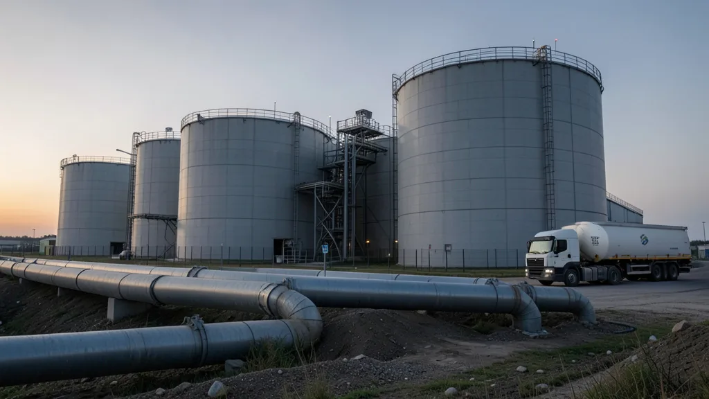 Tanques de armazenamento de petróleo em uma instalação de reservas estratégicas ao entardecer.