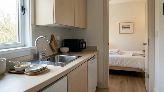 Imagem gerada por IA: Cozinha de imóvel de temporada com louça usada ao lado da pia e quarto ao fundo.