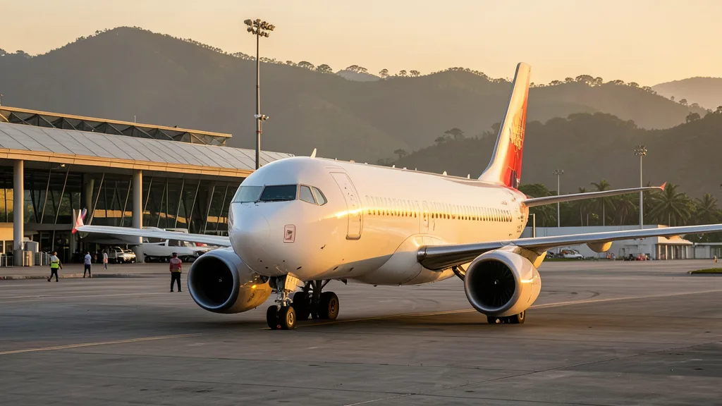 Imagem gerada por IA: Avião comercial taxiando em um aeroporto brasileiro ao entardecer.