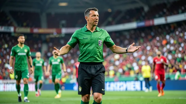Imagem gerada por IA: Árbitro gesticula durante uma partida de futebol em um estádio lotado.