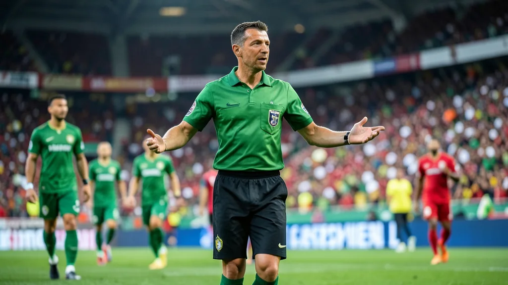 Imagem gerada por IA: Árbitro gesticula durante uma partida de futebol em um estádio lotado.