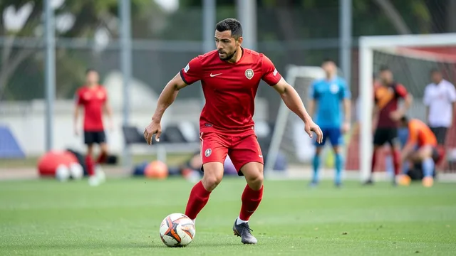 Imagem gerada por IA: Jogador de uniforme vermelho treina com a bola em um campo de futebol.