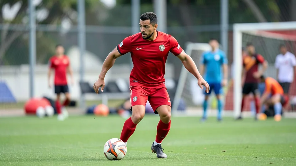 Imagem gerada por IA: Jogador de uniforme vermelho treina com a bola em um campo de futebol.