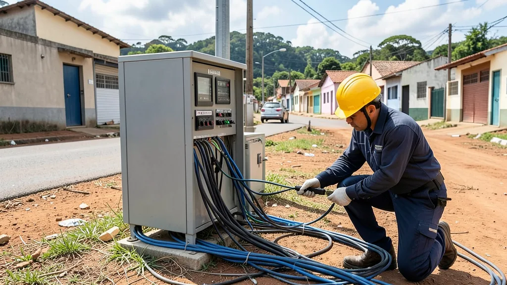 Técnico inspeciona uma caixa de telecomunicações em uma cidade do interior paulista.