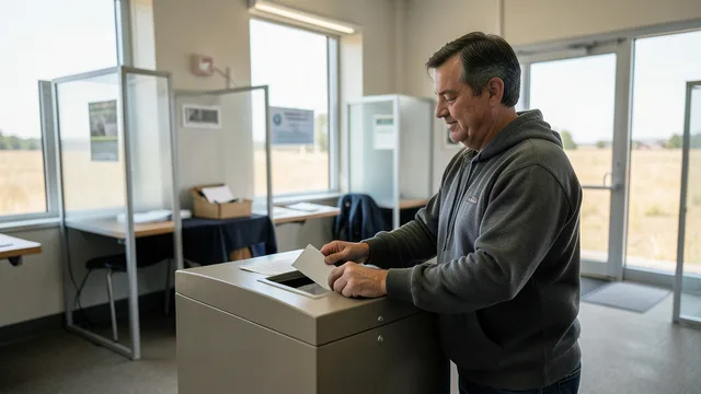 Imagem gerada por IA: Eleitor deposita uma cédula em uma urna durante votação em Alberta.
