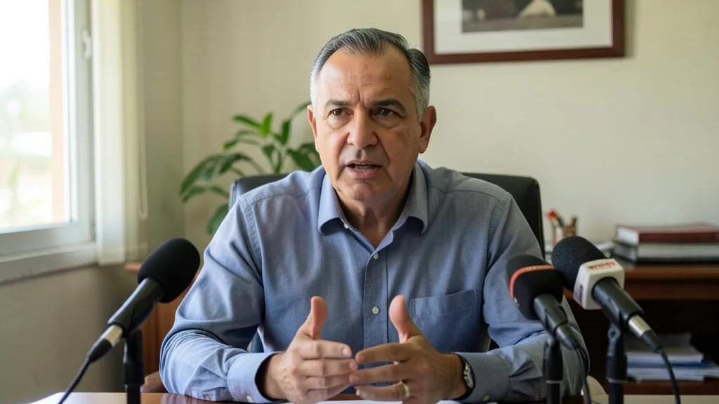 Imagem gerada por IA: Geraldo Alckmin fala durante uma entrevista à imprensa.