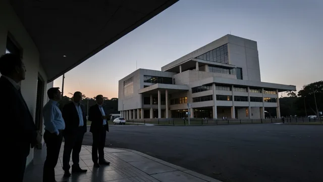 Imagem gerada por IA: Congresso Nacional em Brasília ao entardecer, com silhuetas de parlamentares conversando em um corredor.