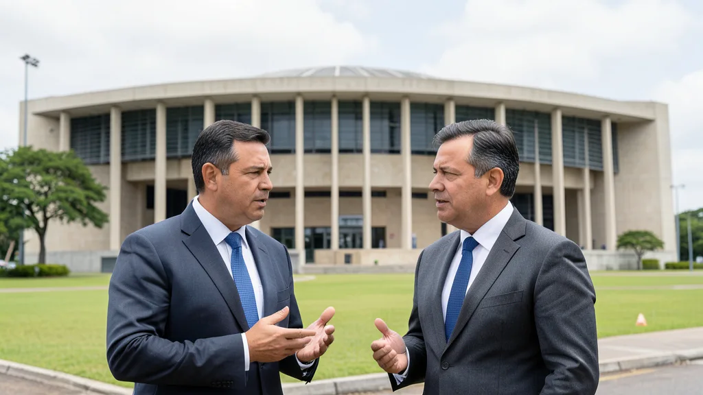 Imagem gerada por IA: Congresso Nacional em Brasília, com dois representantes conversando em primeiro plano.
