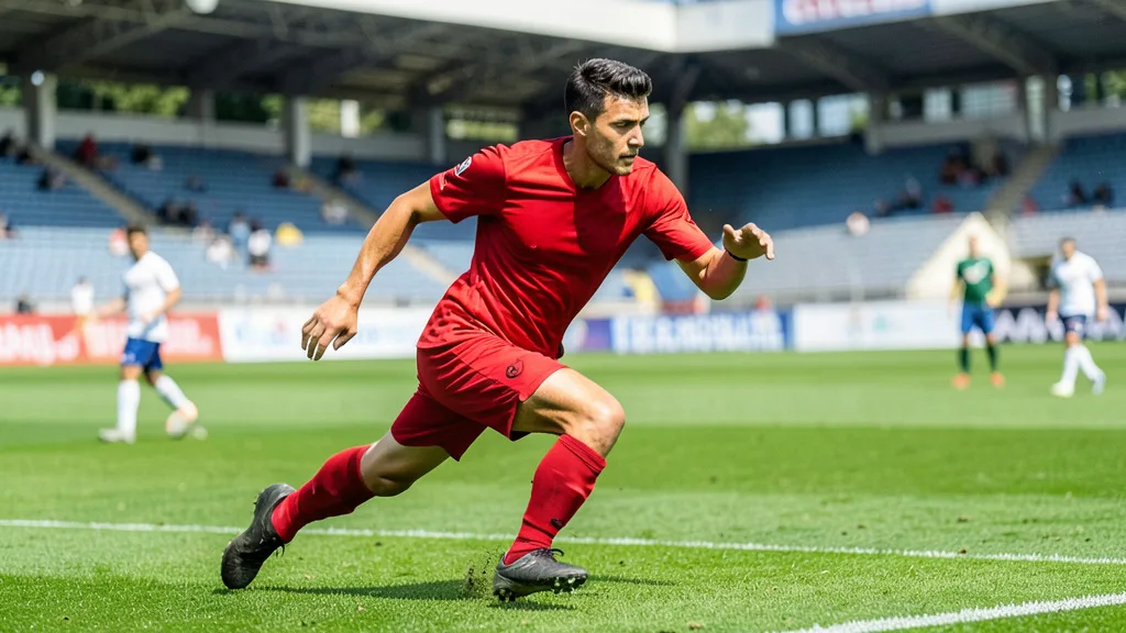 Imagem gerada por IA: Alerrandro corre durante um treino em um campo de futebol.