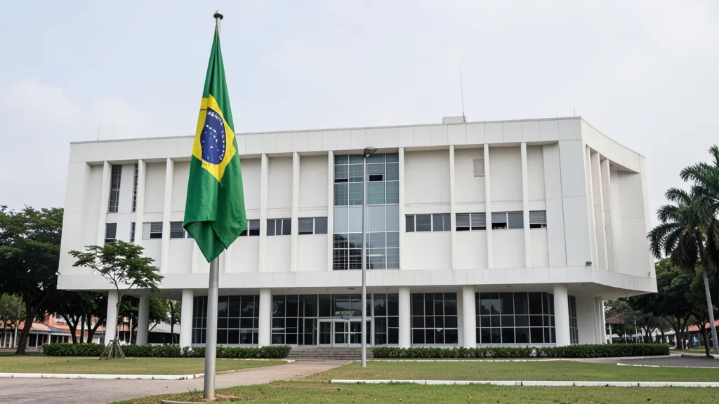 Imagem gerada por IA: Fachada do Supremo Tribunal Federal em Brasília, com uma bandeira do Brasil em primeiro plano.