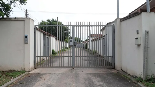 Imagem gerada por IA: Portão fechado de uma residência com interfone, representando as restrições a visitas de Jair Bolsonaro.