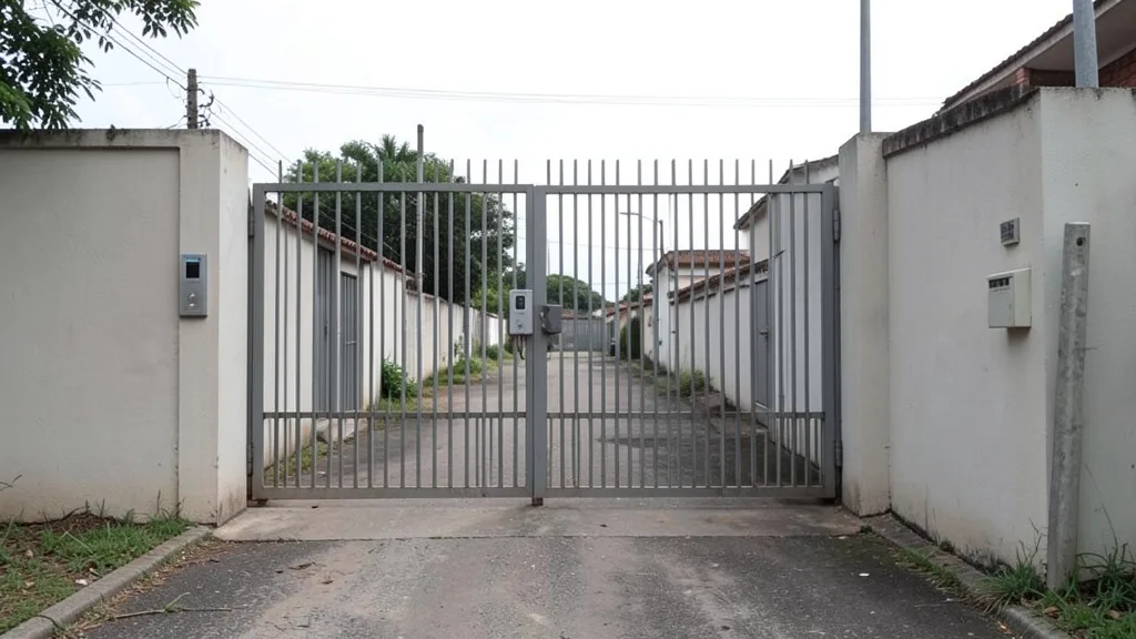 Imagem gerada por IA: Portão fechado de uma residência com interfone, representando as restrições a visitas de Jair Bolsonaro.