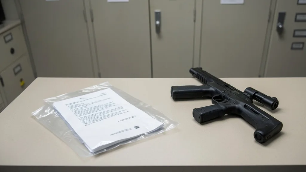 Imagem gerada por IA: Pasta de documentos e armas apreendidas em uma sala de provas.