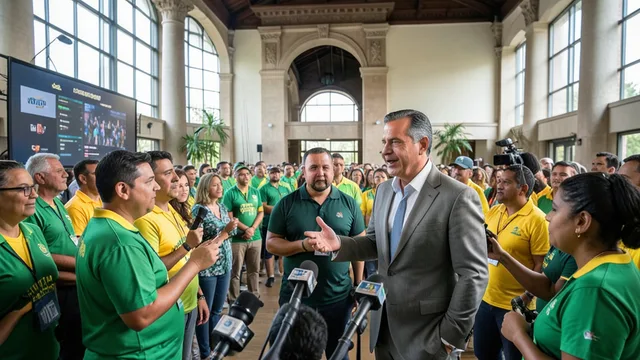 Imagem gerada por IA: Alexandre Ramagem fala com jornalistas em um evento político em Miami.
