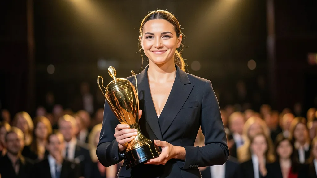 Imagem gerada por IA: Alexia Putellas segura o troféu da Bola de Ouro em uma cerimônia de premiação.