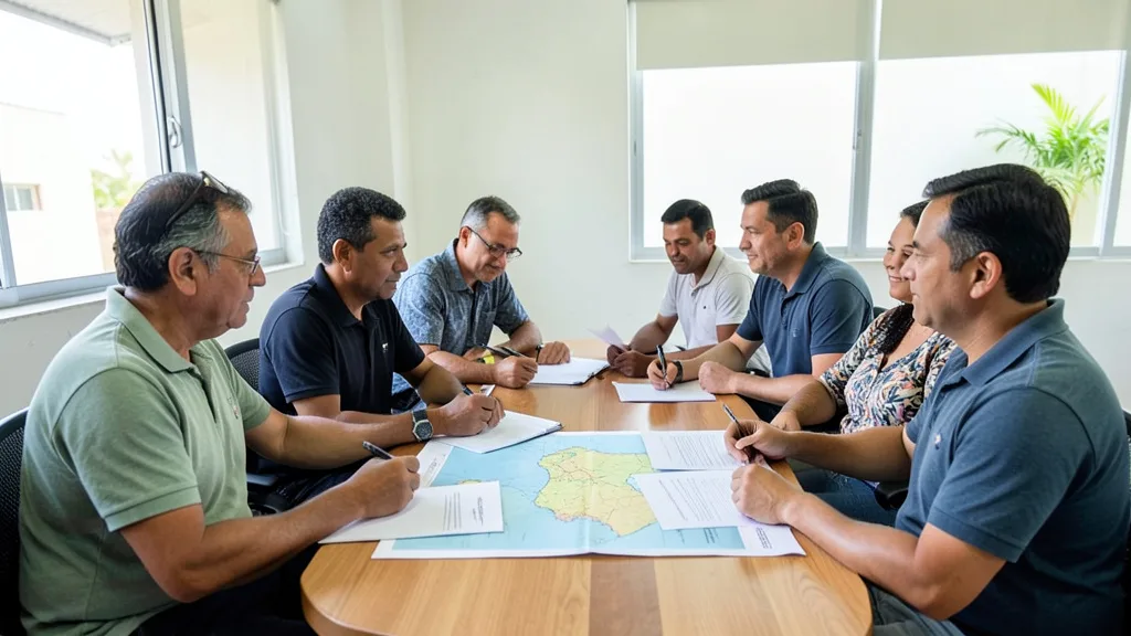 Integrantes genéricos de uma equipe de campanha discutem estratégias diante de um mapa do Nordeste.