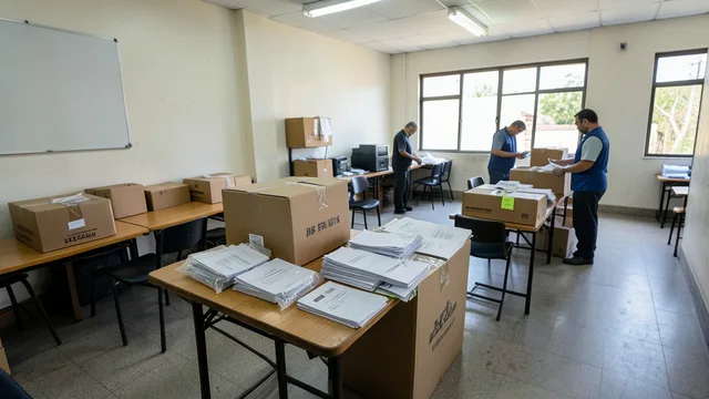 Imagem gerada por IA: Urnas e materiais eleitorais em uma sala de apuração após o segundo turno.