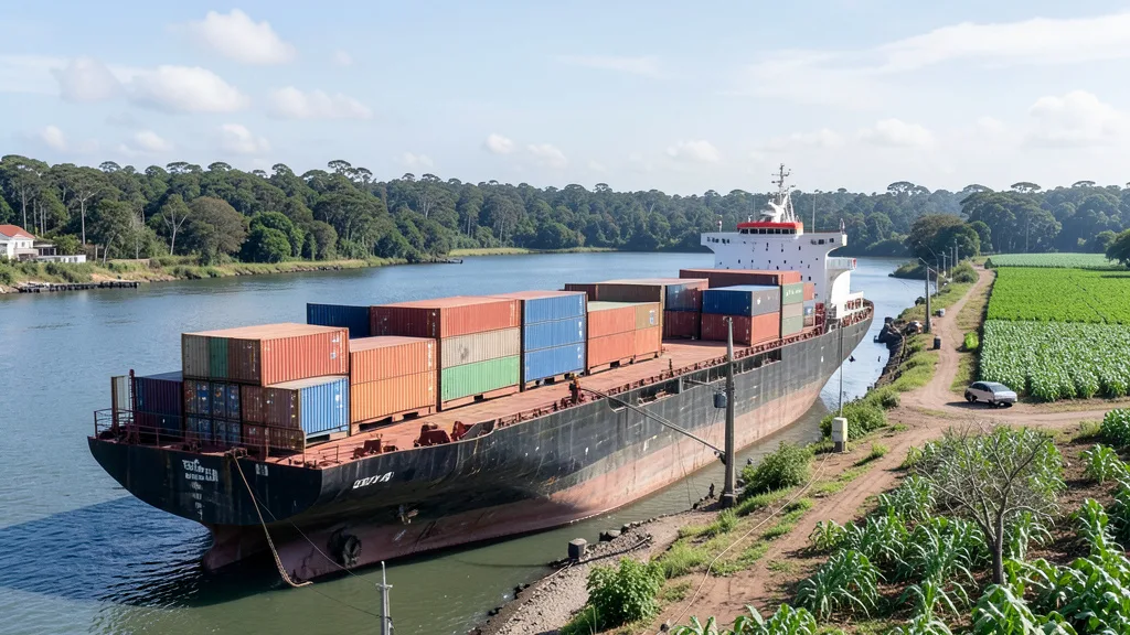 Imagem gerada por IA: Navio cargueiro com contêineres em um porto, com área agrícola ao fundo.