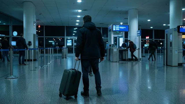 Imagem gerada por IA: Viajante com mala se dirige a um controle de segurança em um aeroporto à noite.