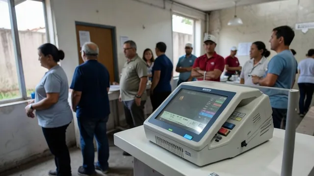 Imagem gerada por IA: Urna eletrônica em uma seção eleitoral, com eleitores ao fundo.