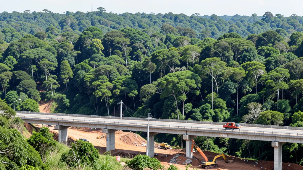 Imagem gerada por IA: Obra de infraestrutura ao lado de uma área de floresta preservada.