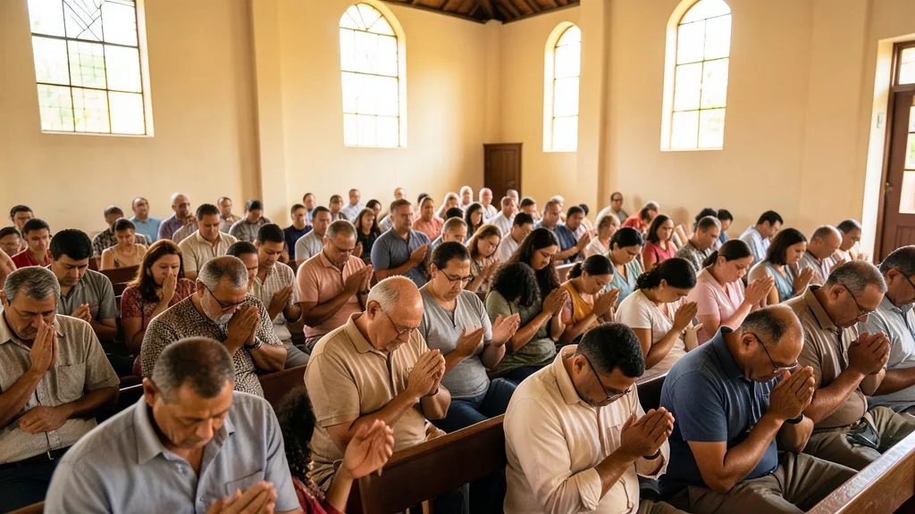 Imagem gerada por IA: Fiéis oram juntos em uma igreja durante uma mobilização religiosa.