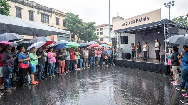 Imagem gerada por IA: Apoiadores acompanham um ato político sob chuva em uma praça de São Paulo.