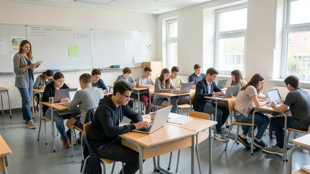 Imagem gerada por IA: Estudantes trabalham em laptops em uma sala de aula enquanto um adulto acompanha as atividades.