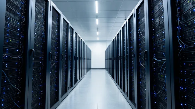 Imagem gerada por IA: Fileiras de servidores em um grande centro de dados, usados para infraestrutura de inteligência artificial.