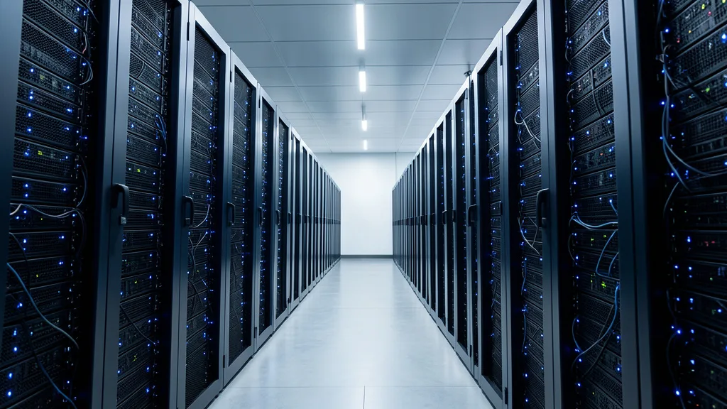 Imagem gerada por IA: Fileiras de servidores em um grande centro de dados, usados para infraestrutura de inteligência artificial.