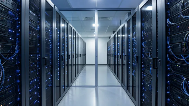 Imagem gerada por IA: Corredor de um data center com fileiras de servidores, representando serviços de nuvem e inteligência artificial.