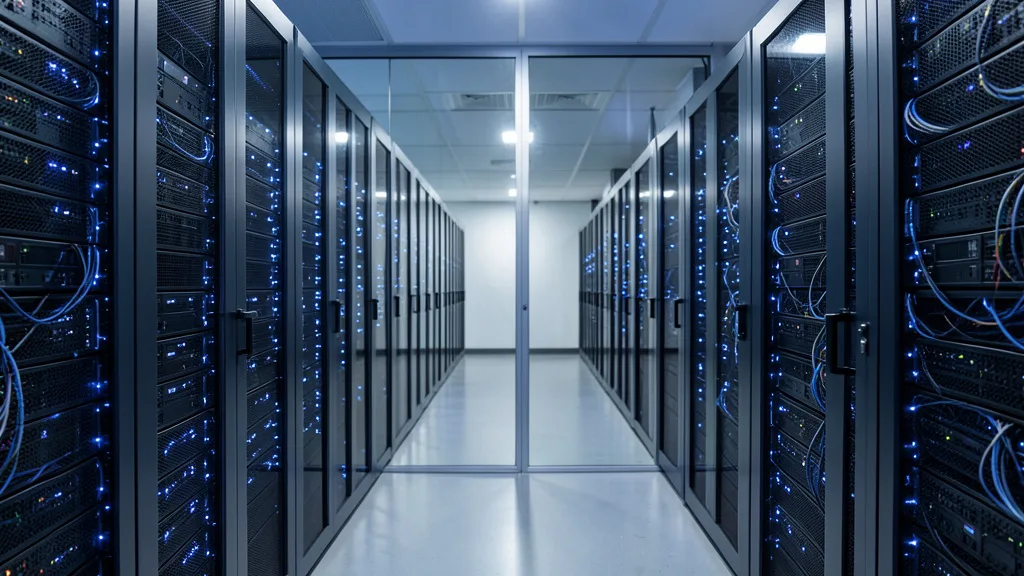 Imagem gerada por IA: Corredor de um data center com fileiras de servidores, representando serviços de nuvem e inteligência artificial.