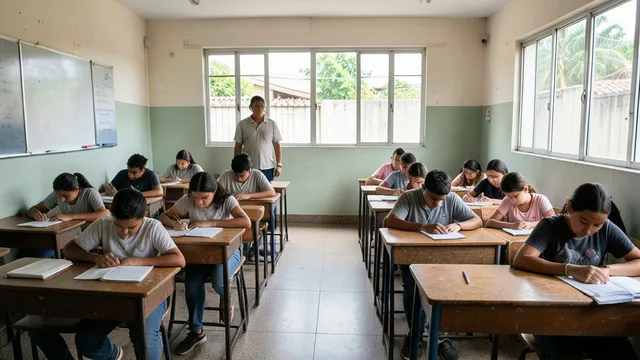 Imagem gerada por IA: Sala de aula de escola pública com estudantes e um professor diante da turma.