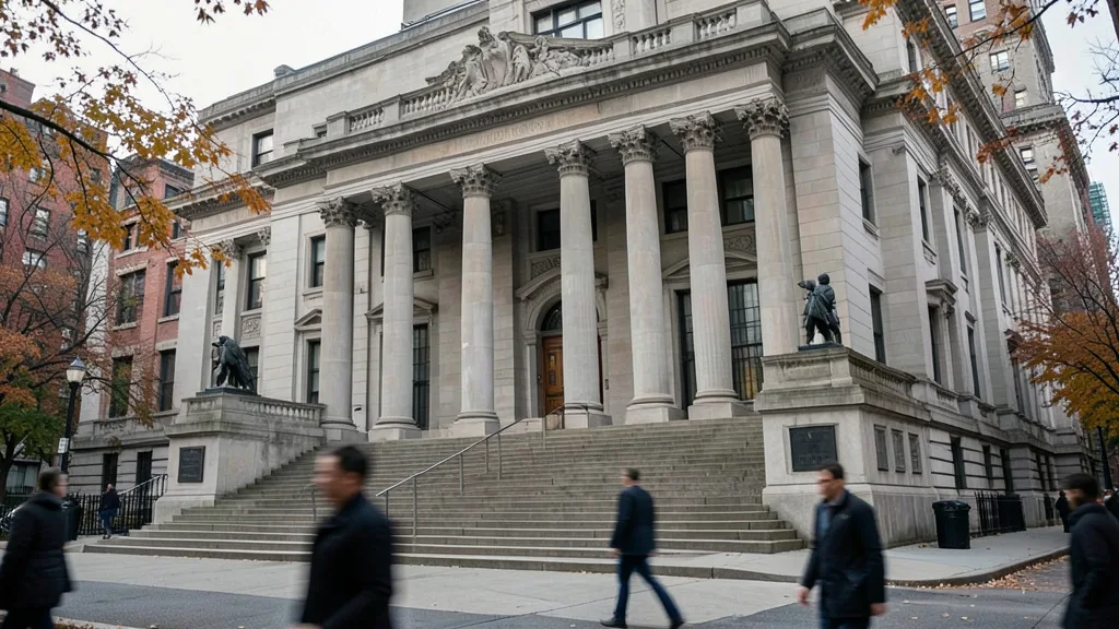Imagem gerada por IA: Fachada de um tribunal federal em Manhattan, Nova York.