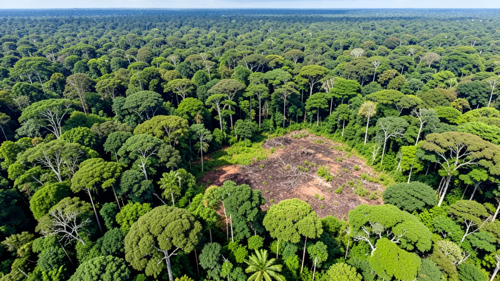 Imagem gerada por IA: Vista aérea da floresta amazônica ao lado de uma área desmatada.