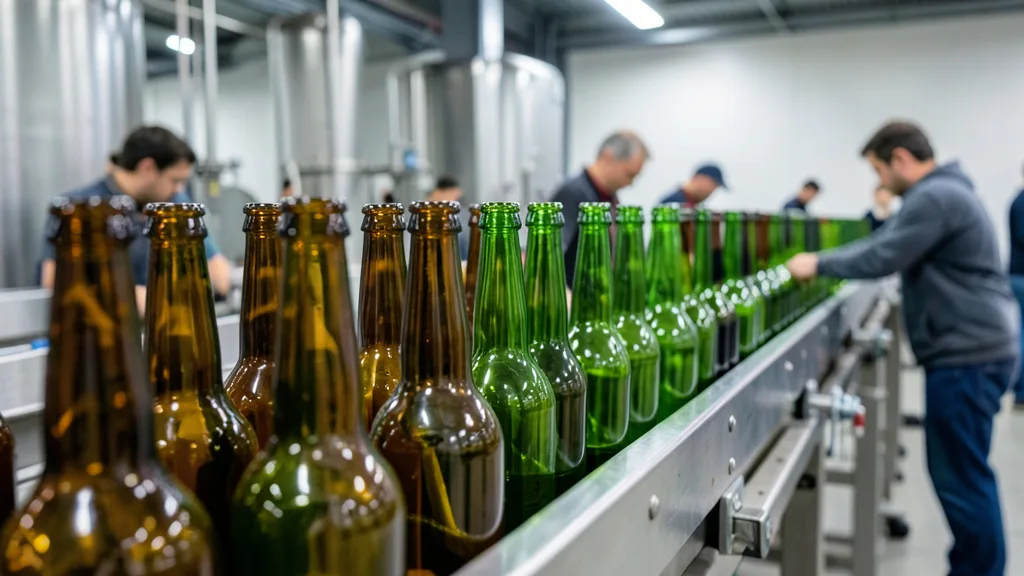 Imagem gerada por IA: Garrafas de cerveja sem rótulos seguem por uma linha de produção em uma cervejaria.