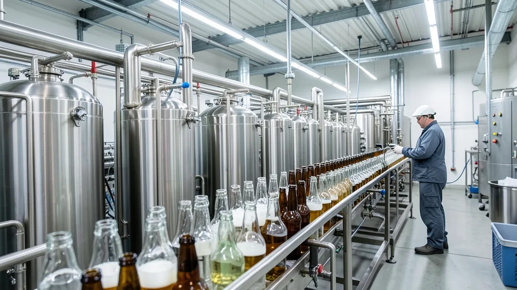 Imagem gerada por IA: Linha de produção de bebidas em uma cervejaria moderna, com tanques de aço inoxidável ao fundo.