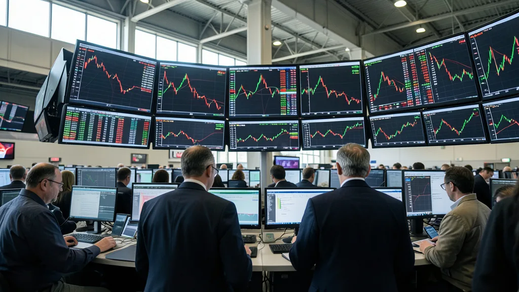 Imagem gerada por IA: Operadores acompanham a movimentação do mercado de ações em uma sala de negociação.