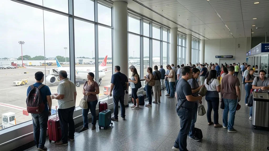 Imagem gerada por IA: Passageiros aguardam em um terminal de aeroporto, com um avião parado no portão de embarque.