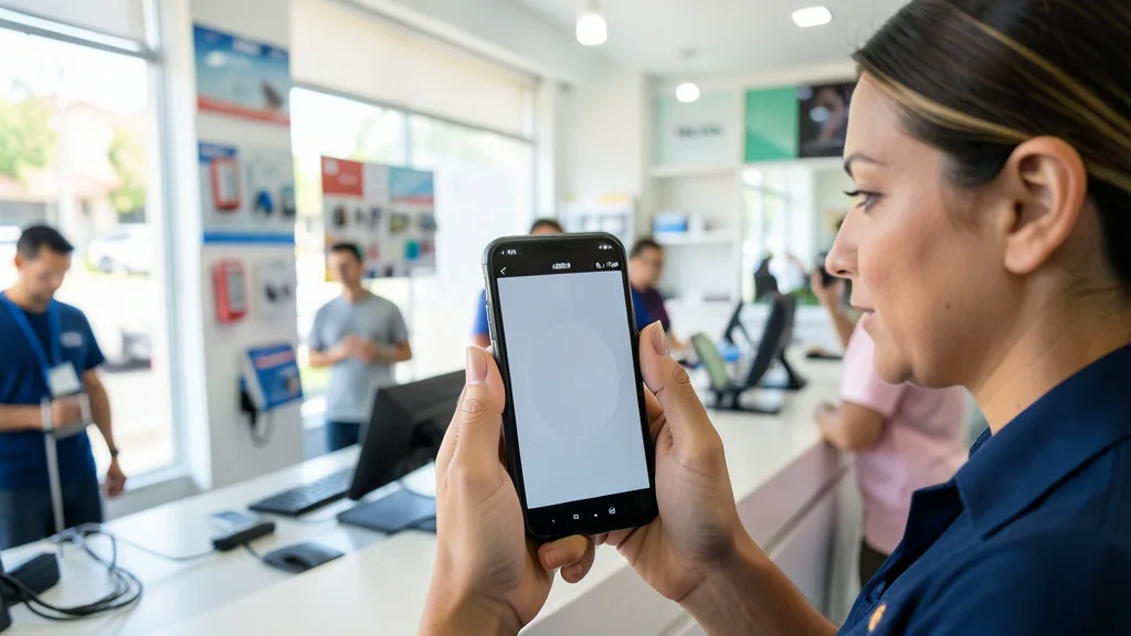 Imagem gerada por IA: Pessoa usa a câmera frontal do celular para fazer uma verificação facial em uma loja de telefonia.