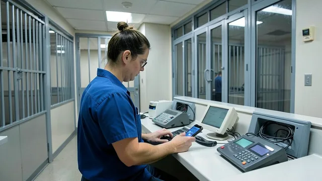 Imagem gerada por IA: Equipamento de detecção de celulares em uma área de segurança de presídio.